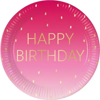 Immagine prodotto di 8 piatti grandi "Happy Birthday" rosa e oro