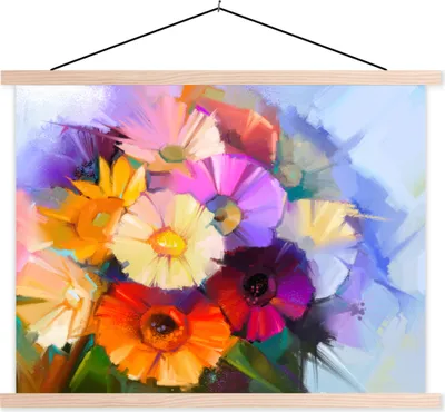 Produktbild von MuchoWow® Textilposter Ölfarbe - Farben - Blumen 120x90 cm mit holzfarbenen Rahmen - Magnetisch