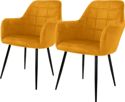 Obrázek produktu pro ML-Design sada 2 jídelních židlí s opěradlem a područkami, hořčicově žlutá, kuchyňská židle se sametovým potahem, čalouněná židle s kovovými nohami