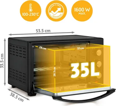 Obrázek produktu pro Mini trouba TZS First Austria | 35 litrů | 1600 W | Plynulá regulace teploty | Nepřilnavý povrch | Časovač | Včetně příslušenství | Černá **