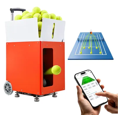 Image de VEVOR : Lance-balles de tennis, vitesse maximale de 121 km/h, lanceur de balles de table, capacité de 110 balles, machine à lancer de balles avec contrôle de l'effet, contrôle via application, 20 modes d'entraînement, 4 heures d'autonomie sur batterie, roulettes et boîtier en métal