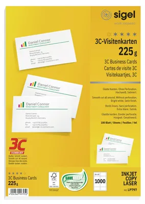 Produktbild von SIGEL LP797 bedruckbare Visitenkarten 3C, 1000 Stück (100 Blatt), hochweiß, glatter Schnitt rundum, 225 g, 85x55 mm