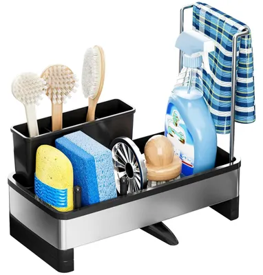 Image de Organiseur d'évier en acier inoxydable noir – avec porte-brosse, porte-éponge, porte-torchon, porte-serviette et distributeur de savon, acier inoxydable (noir)