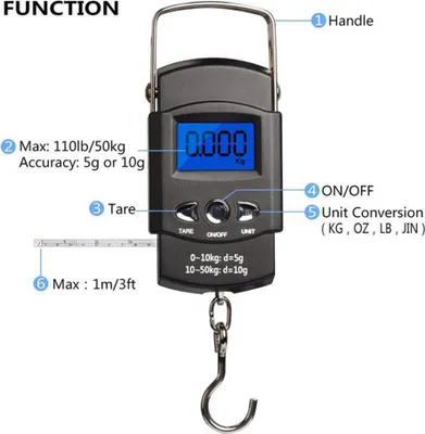 Produktbild von Taschenwaage Hintergrundbeleuchteter LCD-Bildschirm Waage Tragbare elektronische Waage Digitale Angelhaken-Waage Angelwaage mit Massband Lineal Mini-Gepaeckwaage zum Angeln Postkueche