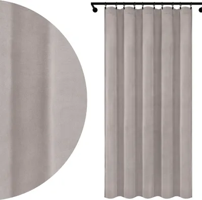 A close-up of a gray velour curtain and a full view of the curtain hanging on a rod.