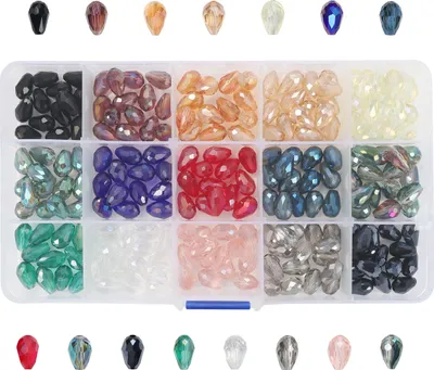 Produktbild von Kurtzy Dekosteine Glas Schmuck Perlen Set (225er Pack) 12 x 7,7mm - 15 Farben - Lose Teardrop Glas Perlen für DIY Kunst - Kleine Facettierte