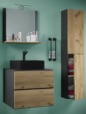 Produktbild von VCM 4-tlg. Waschplatz Waschtisch | schwarzes Waschbecken Unterschrank Breite 60 cm |  Badmöbel Set mit Schubladen Drehtüren Spiegel | Lendas S BL