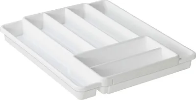 A white plastic cutlery organizer with multiple compartments.