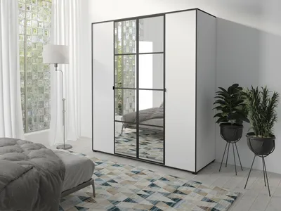 Produktbild von Easy4You OSLO I Weiß Schiebetürenschrank Kleiderschrank 180x206x65 cm mit Spiegel - Schlafzimmermöbel, Aufbewahrung – Mehrzweckschrank mit Kleiderstange