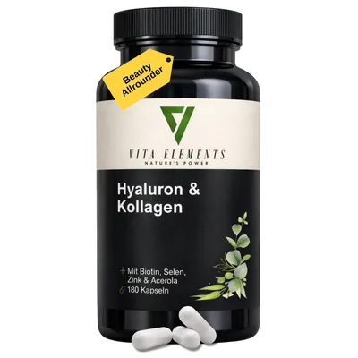 Vita Elements Hyaluron & Kollagen Kapseln mit Zink und Biotin für natürliche Strahlkraft, 180 Stück.