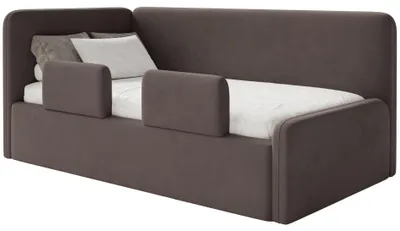 Produktbild von Selsey Fanko – Kinderbett 90x200 cm mit Rausfallschutz, Kopfteil links, Samt, Braun