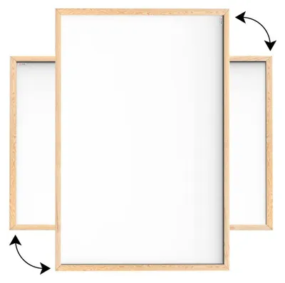 A whiteboard with a wooden frame is shown, with two smaller whiteboards positioned on either side, suggesting a modular or expandable system. Arrows indicate potential movement or adjustment.