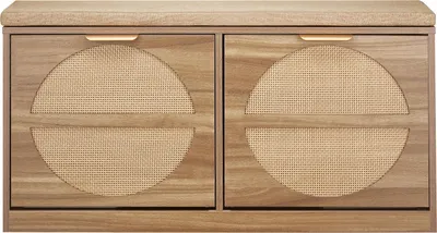 Obrázek produktu pro SucceBuy lavice na boty s ratanovým vzhledem (988 x 240 x 500 mm), lavice s úložným prostorem, botník s čalouněním, 4 přihrádky a dvířka, nosnost až 200 kg, ideální pro vstupní prostor, chodbu, obývací pokoj nebo ložnici