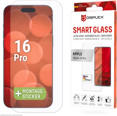 Produktbild von Displex Smart Glass (9H) für Apple iPhone 16 Pro, Montagesticker, unzerbrechlich, Apple, iPhone 16 Pro, Trockene Anwendung, Schmutzabweisend, Kratzresistent, Transparent, 1 Stück(e)