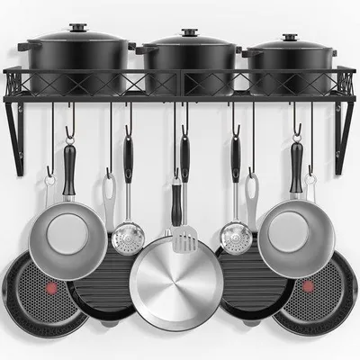 Produktbild von Famanu Küchenregal für Töpfe - Eisen, hängend, 10 Haken, 70 x 28 x 23 cm, schwarz