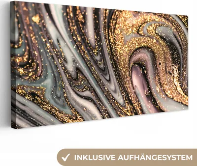 Produktbild von MuchoWow® - Leinwandbilder - Marmoroptik - Gold - Glitter - Luxus - Marmor - Weiß, Wandbild, Wanddeko Bilder Wohnzimmer, 40x20 cm