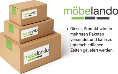 Three stacked cardboard boxes with the brand logo "möbelando" on them, and text describing shipping information.