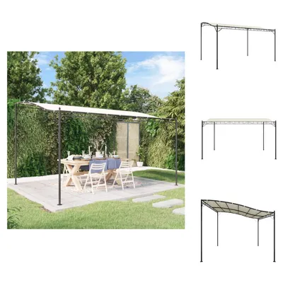 A patio set with a white canopy over a table and chairs, set on a paved area surrounded by grass and greenery.
