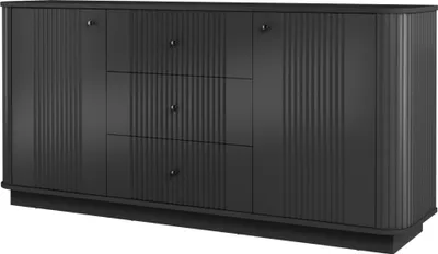 Zdjęcie produktu dla Komoda z szufladami półkami czarna Vesper 160 cm na cokole ryflowana salonu