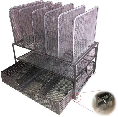 Immagine prodotto di Organizer in rete metallica grigia, robusto, con piedini antiscivolo, 6 scomparti, porta documenti, elegante