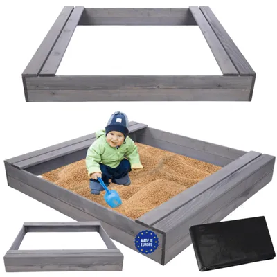 Produktbild von MODO24 Sandkasten Holz, mit Sitzbänken, Holzsandkasten, Kinder Gartenspielzeug, Outdoor, 140x137 cm, Grau Imprägniert, PIA