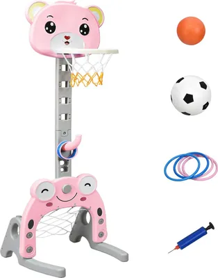 Produktbild von 3 in 1 Kinder Basketballkorb Set höhenverstellbar, Kinder Spielplatz mit Basketballkorb & Fußballtor & Wurfspiel, Basketballständer Indoor für Kinder Jungen Mädchen (Rosa)