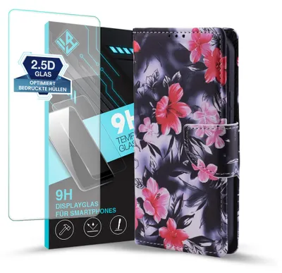 Produktbild von Handy Hülle für Samsung Galaxy A36 5G mit 9H Displayglas Klapphülle Bookcase Flip Cover Handy Tasche Etui Motiv: Blumen Hibiskus Blüten