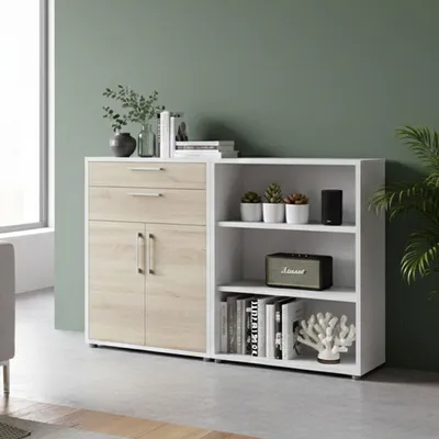 Produktbild von Kommode Albinea, Wohnzimmerbuffet, Wohnzimmer-Sideboard, Moderne Küchen-Speisekammer, 178x40 h113 cm, Weiß und Eiche