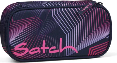 A pencil case with a geometric pattern.