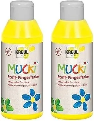Produktbild von Kreul 28402 - Mucki leuchtkräftige Stoff - Fingerfarbe, 250 ml in gelb, auf Wasserbasis, parabenfrei, glutenfrei, laktosefrei und vegan, optimal für die Anwendung mit Fingern und Händen