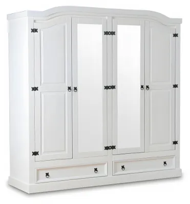Image de New Mexico Armoire 4 portes avec 2 portes miroir, 2 portes pleines et 2 tiroirs, largeur 194 cm, hauteur 193 cm, blanc/ciré.