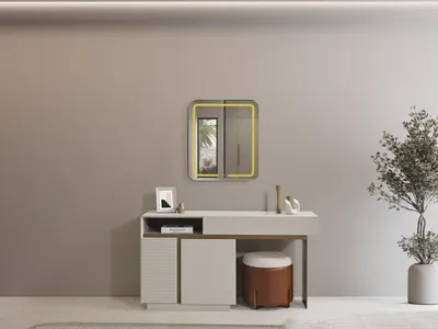 Immagine prodotto di Elegante toletta beige con specchio e sgabello in legno
