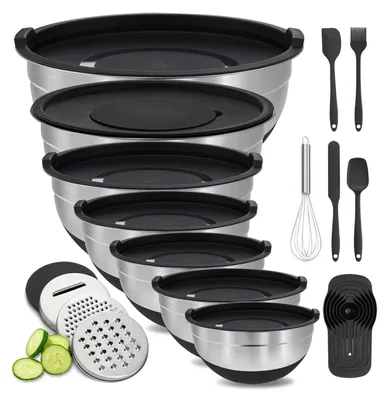 Produktbild von Mengko Edelstahl - 7 Stück - Rutschfeste Basis - Messbecher - Rührschüssel - Spülmaschinenfest - Stapelbar - Küchenschüsseln