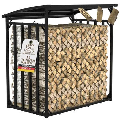 Obrázok produktu pre Dizajnový regál na drevo do záhrady kovový so strechou 185x105x185cm, na 33cm polená, čierny pozinkovaný, hĺbka 1m, 3x3cm, 3,5t, skladovanie dreva