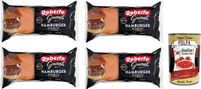 Produktbild von 4x Roberto Gourmet Hamburger Glassato Brot mit Glasur,Packung mit 300g, Jede Packung enthält 4 Hamburger Buns + Italian Gourmet Polpa di Pomodoro 400g Dose