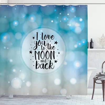 Produktbild von ABAKUHAUS Liebe Duschvorhang, Träumerischer Fantasie-Hintergrund mit Kreisrahmen-Schwarz-Sternen und Typografie, 175 x 220 cm, Türkis Beige Schwarz