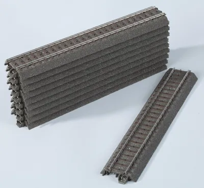 Two model train tracks are shown on a light gray background. One is a stack of multiple tracks, and the other is a single track.