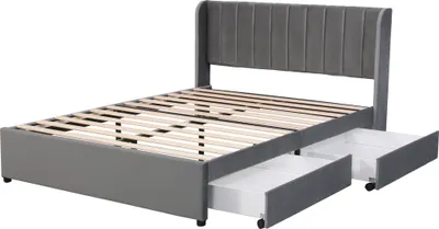 Produktbild von Flieks Polsterbett 140x200cm Doppelbett mit Lattenrost und 2 Schubladen, Stauraumbett Holzbett Funktionsbett Samt, ohne Matratze