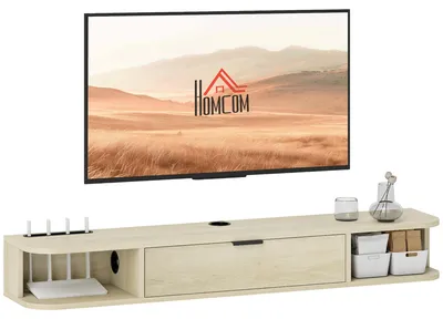 Produktbild von Wandmontiertes TV-M?bel, TV-St?nder fš¹r Fernseher bis zu 50 Zoll, mit ausklappbarer Schublade, 2 Ablagen, 120 x 24 x 16 cm, Naturholz