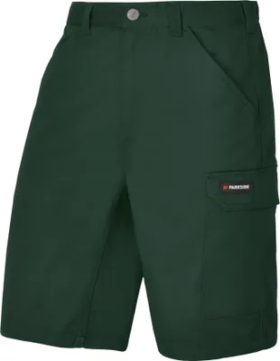 A pair of dark green cargo shorts.