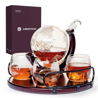 Globus-Whiskykaraffe mit 4 Gläsern, Holzständer, 850 ml