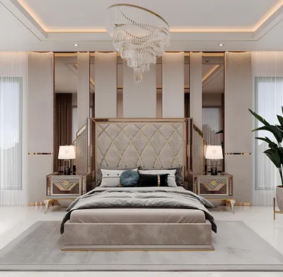 Image de Ensemble de chambre à coucher moderne : lit, tables de chevet et touches dorées