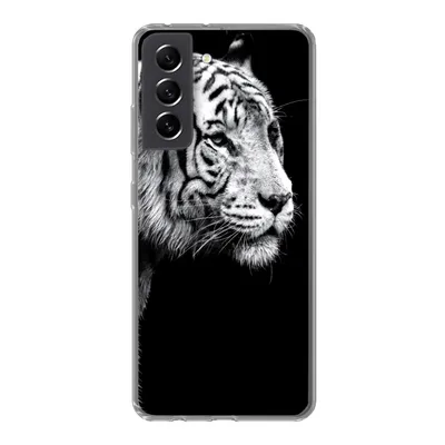 Produktbild von MuchoWow® Handyhülle Schutzhülle Hülle für Samsung Galaxy S21 FE Studioaufnahme eines weißen Tigers auf schwarzem Hintergrund Silikon Softcase Handy Hülle - Mobiltelefonhülle