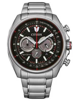 A close-up studio shot of a men's Citizen Eco-Drive chronograph watch.