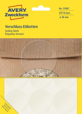 Produktbild von Avery Zweckform 51067, Verschluss-Etiketten, ? 38 mm, 225 Etiketten / 25 Bögen, transparent