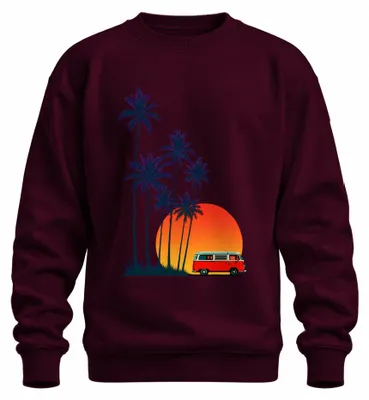 Obrázek produktu pro Retro mikina s motivem obytného autobusu, palem, západu slunce a pláže, ideální na cesty, barva: vínová, velikost: XL