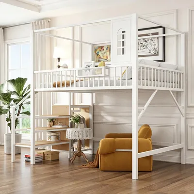 Obrázok produktu pre Postel s poschodím, 140x200 cm, s vešiakom; vysoká posteľ z kovu s rebríkom a odkladacími plochami; detská posteľ s poschodím, dvojlôžko s oknom a úložným priestorom, biela