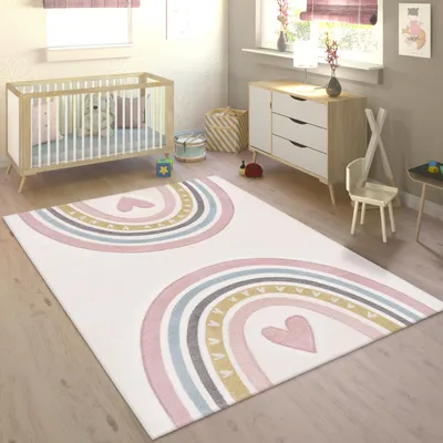 Produktbild von Kinderteppich Teppich Kinderzimmer Junge Mädchen Regenbogen Herz 3D Creme Rosa Grösse 240x340 cm