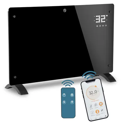 Obrázok produktu pre Elektrické konvektorové kúrenie Peviasot, 2000 W, čierna farba. Vybavené Wi-Fi aplikáciou, dotykovým ovládaním, LED displejom, nastaviteľnou teplotou (5–50 °C), 24-hodinovým časovačom, ochranou IP24 a je mobilné vďaka kolieskam