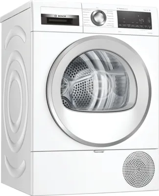 A white Bosch Serie 6 heat pump dryer is shown from a three-quarter front angle against a white background.